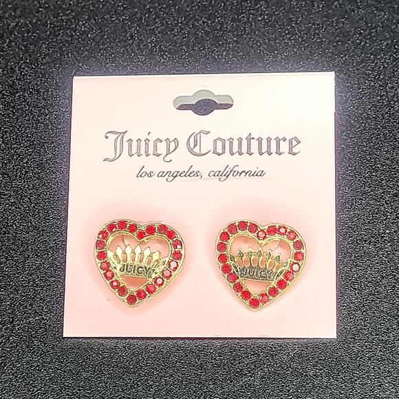 Juicy Couture Gold Heart Red Ruby Garnet Princess Crown Tiara Stud Earrings NEW - Picture 1 of 2